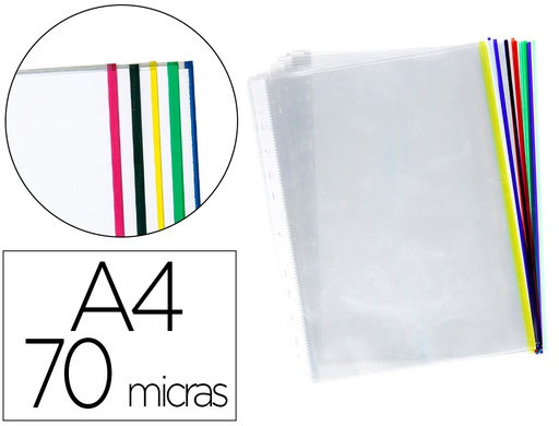 [KF18061] FUNDA MULTITALADRO Q-CONNECT DIN A4 70 MC CRISTAL CON BORDE COLORES SURTIDOS BOLSA DE 25