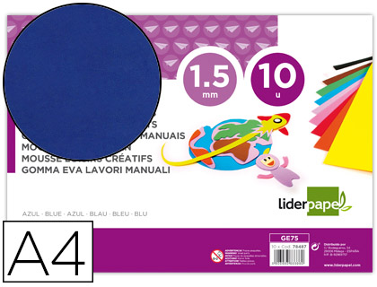 [GE75] GOMA EVA LIDERPAPEL DIN A4 60G/M2 ESPESOR 1,5MM AZUL PAQUETE DE 10 HOJAS