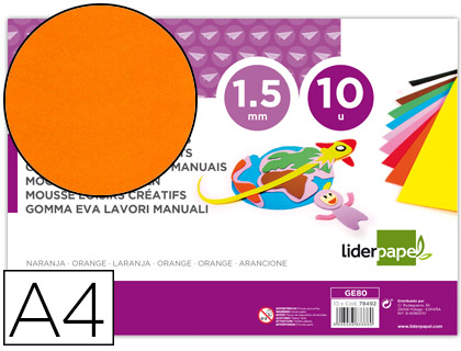 [GE80] GOMA EVA LIDERPAPEL DIN A4 60G/M2 ESPESOR 1,5MM NARANJA PAQUETE DE 10 HOJAS