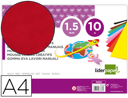 [GE82] GOMA EVA LIDERPAPEL DIN A4 60G/M2 ESPESOR 1,5MM ROJO PAQUETE DE 10 HOJAS