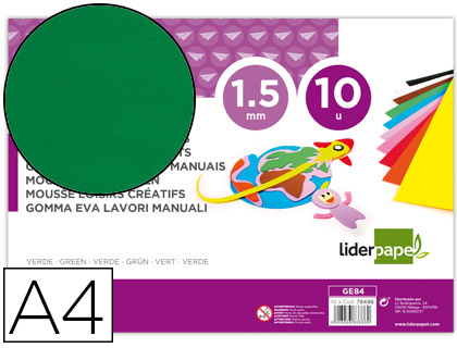 [GE84] GOMA EVA LIDERPAPEL DIN A4 60G/M2 ESPESOR 1,5MM VERDE PAQUETE DE 10 HOJAS