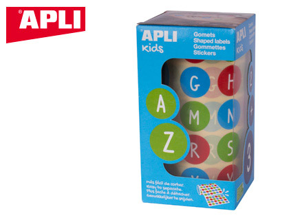 [15126] GOMETS APLI AUTOADHESIVO REDONDO ABECEDARIO 20 MM DIAMETRO MULTICOLOR ROLLO DE 900 UNIDADES