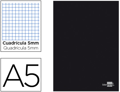 [LA17] LIBRETA LIDERPAPEL TAPA NEGRA A5 80 HOJAS 60G/M2 CUADRO 5MM CON DOBLE MARGEN