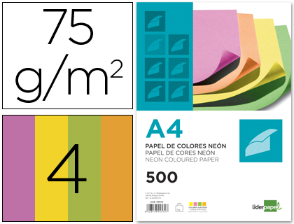[PC23] PAPEL COLOR LIDERPAPEL A4 75GR NEON 4 COLORES SURTIDOS PAQUETE DE 500 HOJAS
