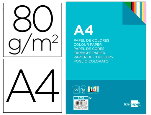 [PC52] PAPEL COLOR LIDERPAPEL A4 80GR 10 COLORES SURTIDOS PAQUETE DE 100 HOJAS