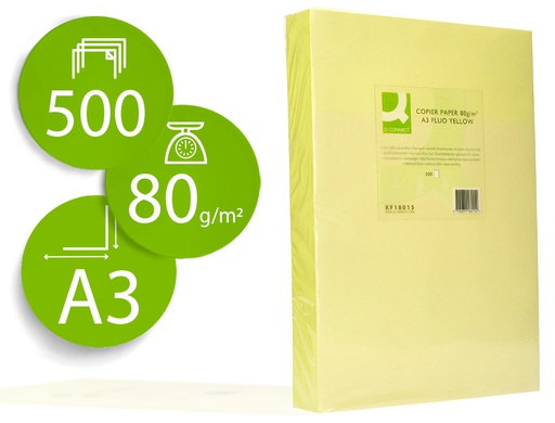 [KF18015] PAPEL COLOR Q-CONNECT DIN A3 80GR AMARILLO NEON PAQUETE DE 500 HOJAS