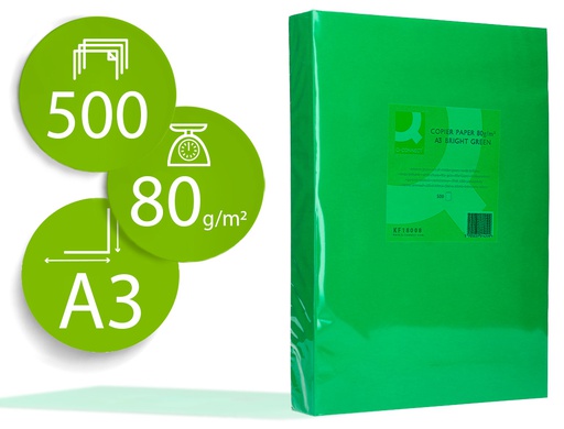 [KF18008] PAPEL COLOR Q-CONNECT DIN A3 80GR VERDE INTENSO PAQUETE DE 500 HOJAS