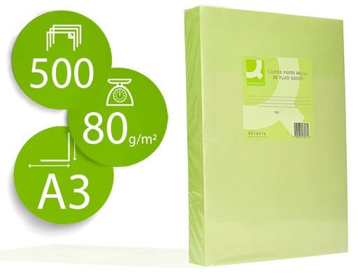 [KF18016] PAPEL COLOR Q-CONNECT DIN A3 80GR VERDE NEON PAQUETE DE 500 HOJAS