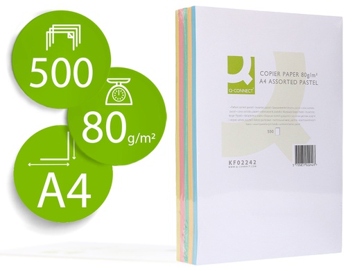 [KF02242] PAPEL COLOR Q-CONNECT DIN A4 80 GR 5 COLORES SURTIDOS PAQUETE DE 500 HOJAS