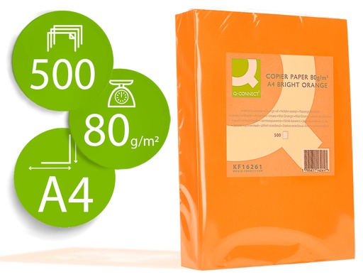 [KF16261] PAPEL COLOR Q-CONNECT DIN A4 80GR NARANJA INTENSO PAQUETE DE 500 HOJAS