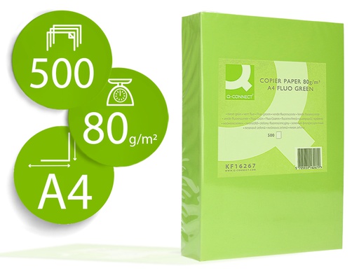 [KF16267] PAPEL COLOR Q-CONNECT DIN A4 80GR VERDE NEON PAQUETE DE 500 HOJAS