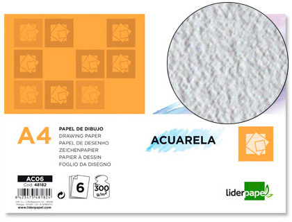 [AC06] PAPEL DIBUJO LIDERPAPEL 210X297MM 300G/M2 ACUARELA PACK DE 6 HOJAS
