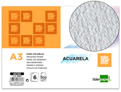 [AC02] PAPEL DIBUJO LIDERPAPEL 297X420MM 300G/M2 ACUARELA PACK DE 6 HOJAS
