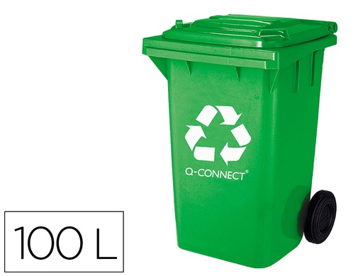 [KF16542] PAPELERA CONTENEDOR Q-CONNECT PLASTICO VERDE PARA ENVASES DE VIDRIO 100L CON TAPA Y RUEDAS 750X470X370 MM