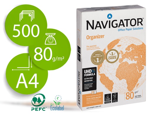 [NAV-80-4T] PAPEL FOTOCOPIADORA NAVIGATOR DIN A4 80 GRAMOS 4 TALADROS PAPEL MULTIUSO INK-JET Y LASER PAQUETE DE 500 HOJAS
