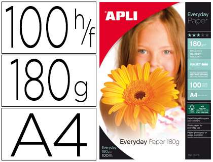 [11475] PAPEL FOTOGRAFICO APLI GLOSSY DIN A4 PACK 100 HOJAS DE 180 GR