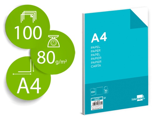[PA01] PAPEL LIDERPAPEL A4 80G/M2 LISO PAQUETE DE 100 HOJAS