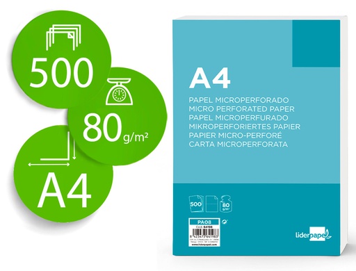 [PA08] PAPEL LIDERPAPEL A4 80G/M2 LISO MICROPERFORADO EN DOS PARTES IGUALES PAQUETE DE 500 HOJAS FSC