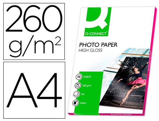 [KF02772] PAPEL Q-CONNECT FOTO GLOSSY DIN A4 ALTA CALIDAD DIGITAL PHOTO PARA INK-JET BOLSA DE 50 HOJAS DE 260 GR
