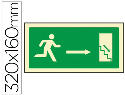 [9060] PICTOGRAMA SYSSA SEÑAL DE SALIDA EMERGENCIA DERECHA BAJANDO EN PVC FOTOLUMINISCENTE 320X160 MM