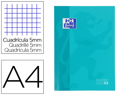 [400045041] RECAMBIO COLOR OXFORD DIN A4 80 HOJAS 90 GR OPTIK PAPER CUADROS 5MM 4 TALADROS