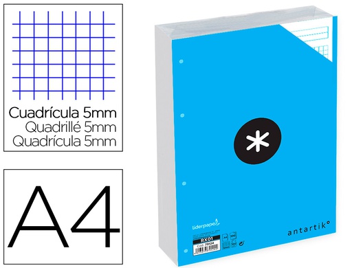 [RX01] RECAMBIO A4 ANTARTIK 100 HOJAS 90G/M2 CUADRO 5 MM 4 TALADROS BANDAS DE 5 COLORES