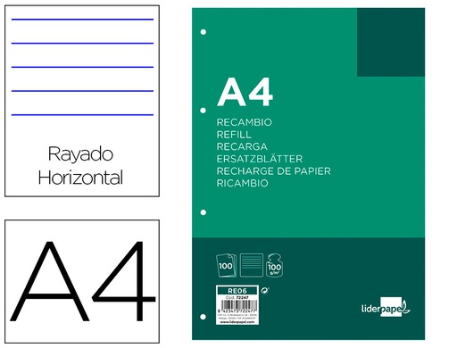 [RE06] RECAMBIO LIDERPAPEL A4 100 HOJAS 100 G/M2 RAYADO HORIZONTAL 4 TALADROS BANDAS DE 5 COLORES