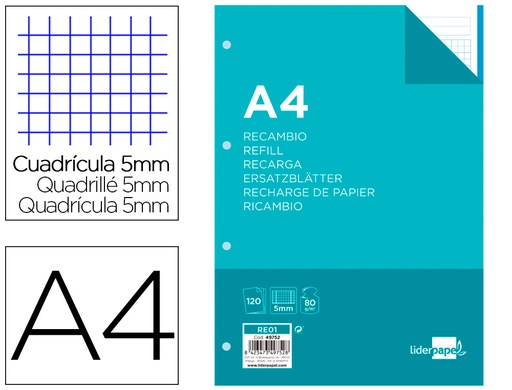 [RE01] RECAMBIO LIDERPAPEL A4 120 HOJAS 80G/M2 CUADRO 5MM SIN MARGEN 4 TALADROS BANDAS DE 5 COLORES