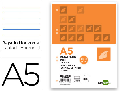 [RB02] RECAMBIO LIDERPAPEL A5 100 H 100G/M2 HORIZONTAL DOBLE MARGEN 6 TALADROS