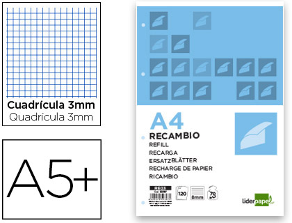 [RC05] RECAMBIO LIDERPAPEL CUARTO 100 HOJAS 60G/M2 CUADRO 3MM CON MARGEN 6 TALADROS