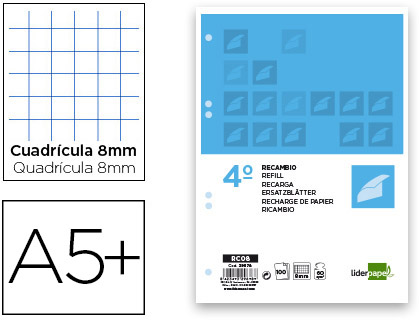 [RC08] RECAMBIO LIDERPAPEL CUARTO 100 HOJAS 60G/M2 CUADRO 8MM CON MARGEN 6 TALADROS