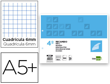 [RC03] RECAMBIO LIDERPAPEL CUARTO APAISADO 100 H 2TCA-07 CUADRO 6 MM 2 TALADROS CON MARGEN