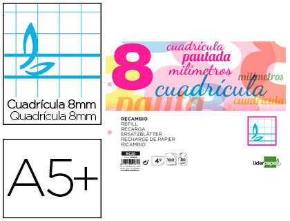 [RC20] RECAMBIO LIDERPAPEL CUARTO APAISADO PAUTAGUIA 100 HOJAS 75 G CUADRICULADO PAUTADO 8 MM CON MARGEN 2 TALADROS