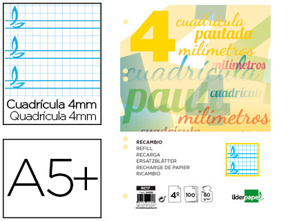 [RC17] RECAMBIO LIDERPAPEL CUARTO PAUTAGUIA 100 HOJAS 75 G CUADRICULADO PAUTADO 4 MM CON MARGEN 6 TALADROS