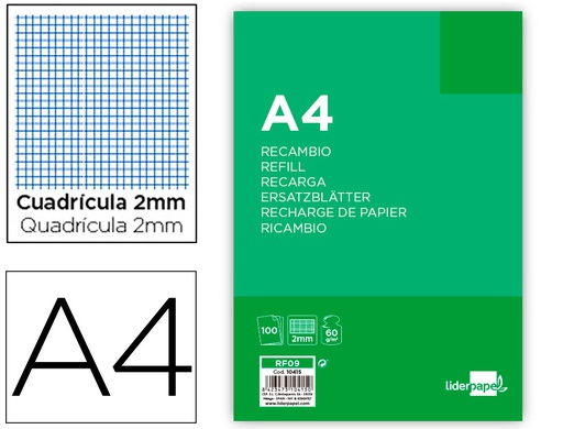 [RF09] RECAMBIO LIDERPAPEL FOLIO 100 HOJAS 60G/M2MILIMETRADO SIN MARGEN 4 TALADROS