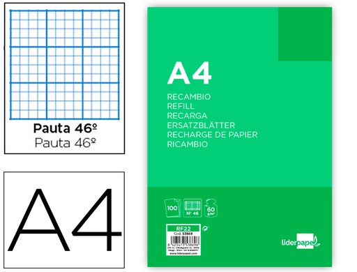 [RF22] RECAMBIO LIDERPAPEL FOLIO 100 HOJAS 60G/M2RAYADO Nº46 4 TALADROS
