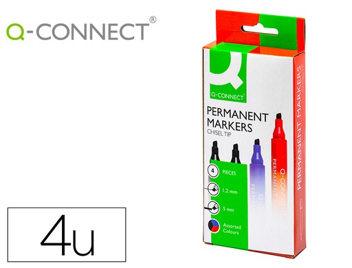 [KF26089] ROTULADOR Q-CONNECT MARCADOR PERMANENTE ESTUCHE DE 4 COLORES SURTIDOS PUNTA BISELADA 5 MM