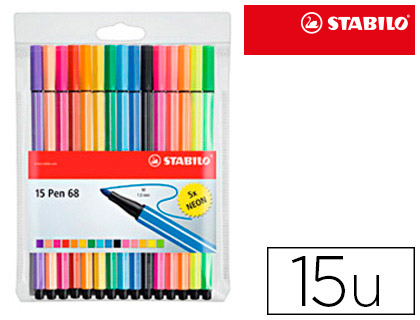 [6815-2] ROTULADOR STABILO ACUARELABLE PEN 68 ESTUCHE DE 10 COLORES ESTANDAR + 5 COLORES NEON