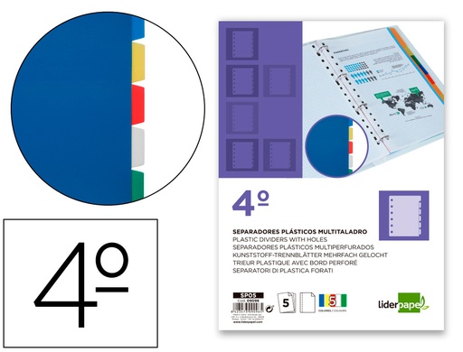 [SP05] SEPARADOR LIDERPAPEL PLASTICO JUEGO DE 5 SEPARADORES CUARTO 11 TALADROS