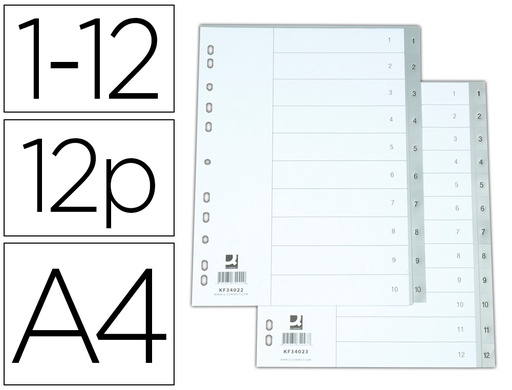 [KF34023] SEPARADOR NUMERICO Q-CONNECT PLASTICO 1-12 JUEGO DE 12 SEPARADORES DIN A4 -MULTITALADRO