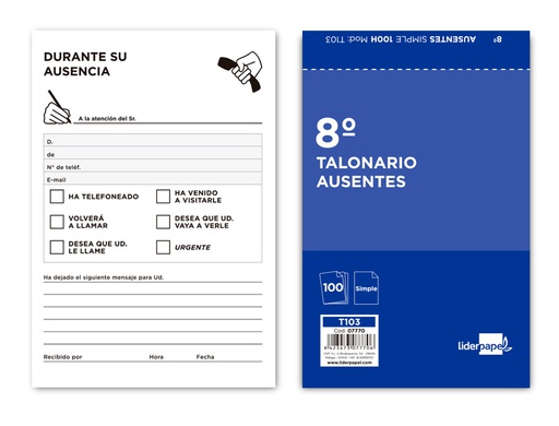 [T103] TALONARIO LIDERPAPEL AUSENTES OCTAVO ORIGINAL 103