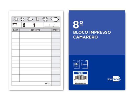 [T280] TALONARIO LIDERPAPEL CAMARERO 8º ORIGINAL Y COPIA T280
