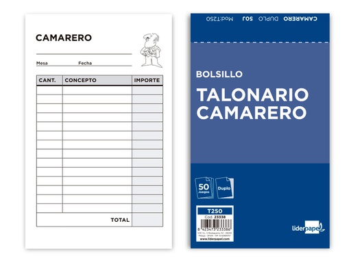 [T250] TALONARIO LIDERPAPEL CAMARERO BOLSILLO ORIGINAL Y COPIA T250