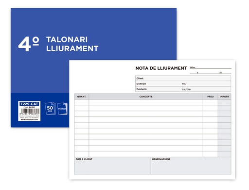 [T229-CAT] TALONARIO LIDERPAPEL ENTREGAS CUARTO ORIGINAL Y COPIA T229 APAISADO TEXTO EN CATALAN