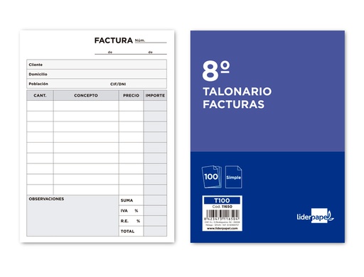 [T100] TALONARIO LIDERPAPEL FACTURAS 8º ORIGINAL T100 CON I.V.A.