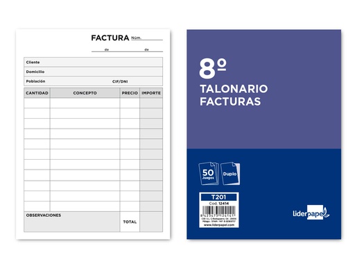 [T201] TALONARIO LIDERPAPEL FACTURAS 8º ORIGINAL Y COPIA T201 SIN I.V.A.