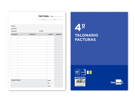 [T316   IGIC] TALONARIO LIDERPAPEL FACTURAS CUARTO ORIGINAL Y 2 COPIAS T316 CON I.G.I.C.