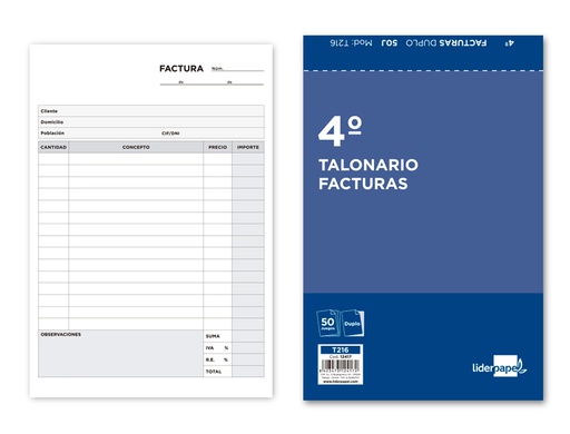 [T216] TALONARIO LIDERPAPEL FACTURAS CUARTO ORIGINAL Y COPIA T216 CON I.V.A.
