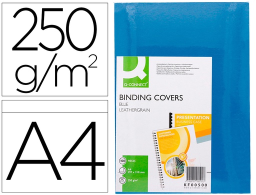 [KF00500] TAPA DE ENCUADERNACION Q-CONNECT CARTON DIN A4 AZUL SIMIL PIEL 250 GR CAJA DE 100 UNIDADES