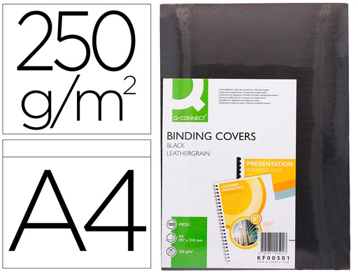 [KF00501] TAPA DE ENCUADERNACION Q-CONNECT CARTON DIN A4 NEGRO SIMIL PIEL 250 GR CAJA DE 100 UNIDADES